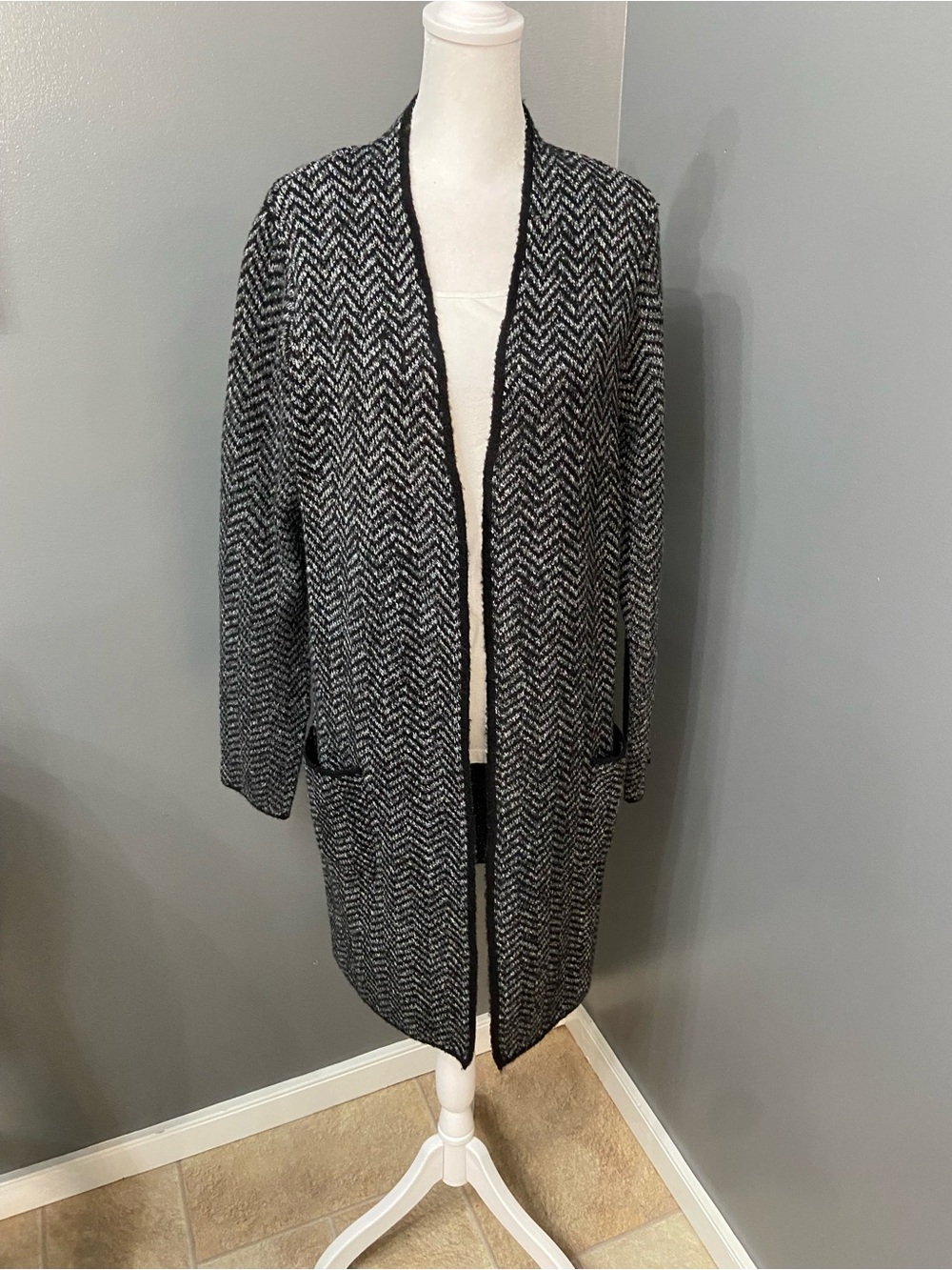 NINE WEST Womens Black/White Herringbone Open Front Cardigan/Coatigan Pockets L